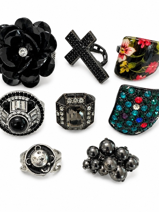 Jewelry - Vintage Lot of 8 Statement Rings | Adjustable Black, Rhinestone Costume Jewelry